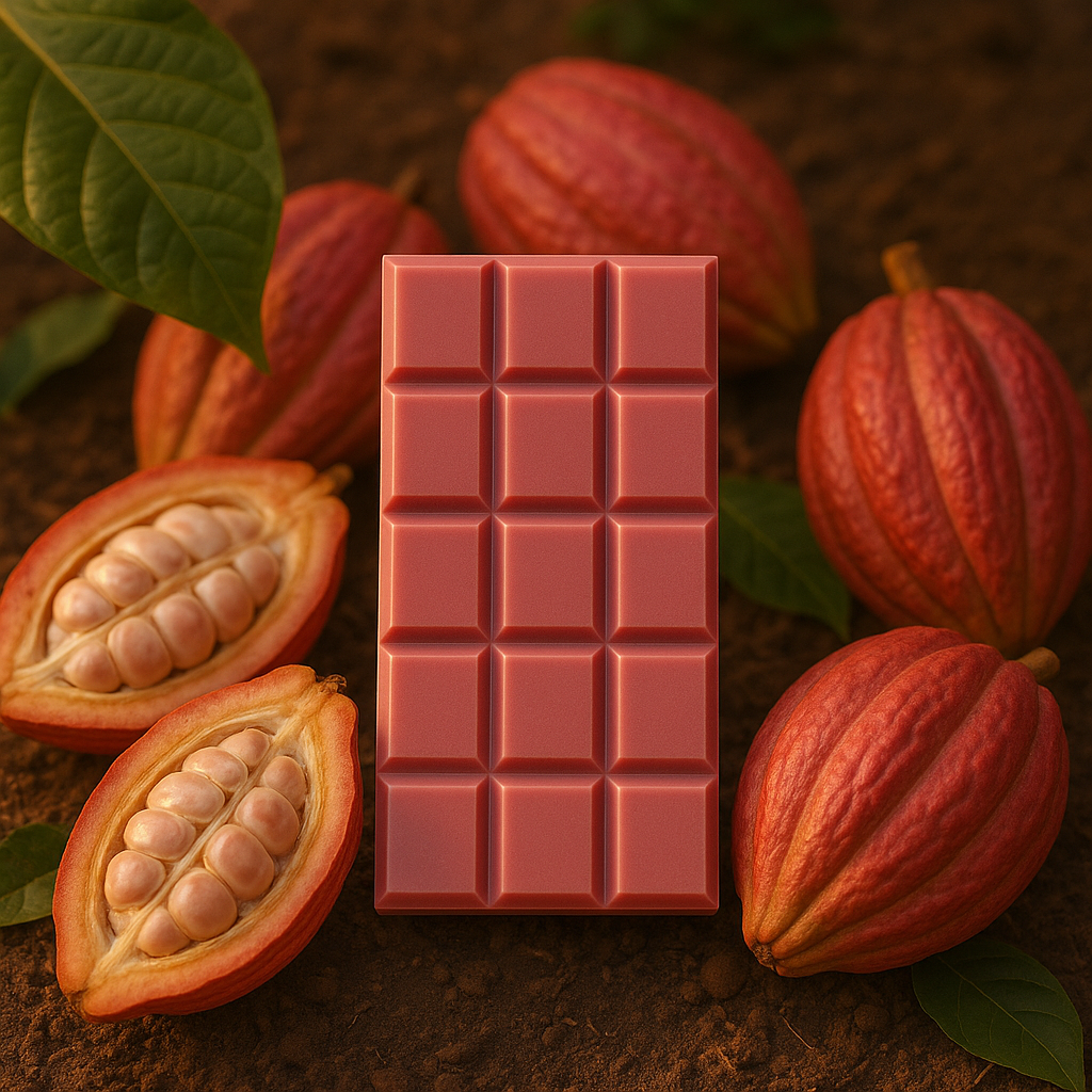 A ruby chocolate bar displayed with whole and split ruby cocoa pods on rich soil, showcasing the natural pink color of the beans and chocolate.