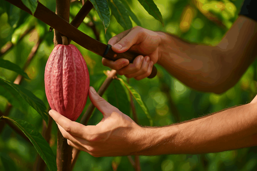 Person harvesting a ripe ruby cocoa pod from a tree using a machete, with lush green leaves in the background.