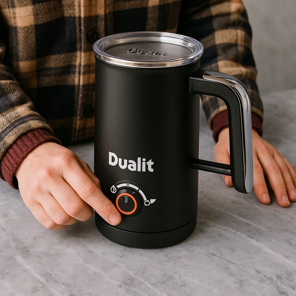Close-up of a person adjusting the settings on a black Dualit appliance with a dial control.