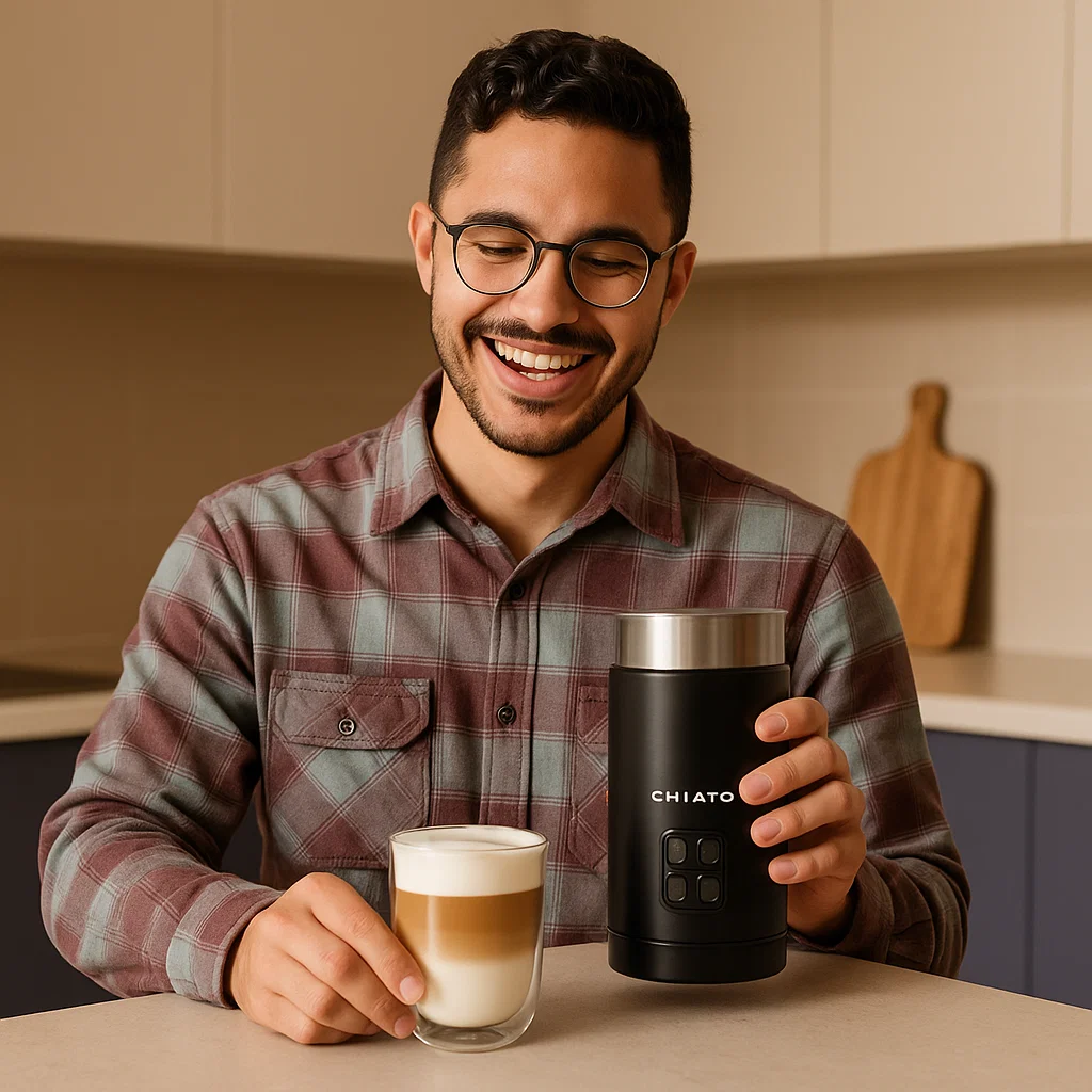 Smiling man holding a glass of layered latte and the CHiATO milk frother in a modern kitchen – showcasing one of the best milk frothers for everyday home use.