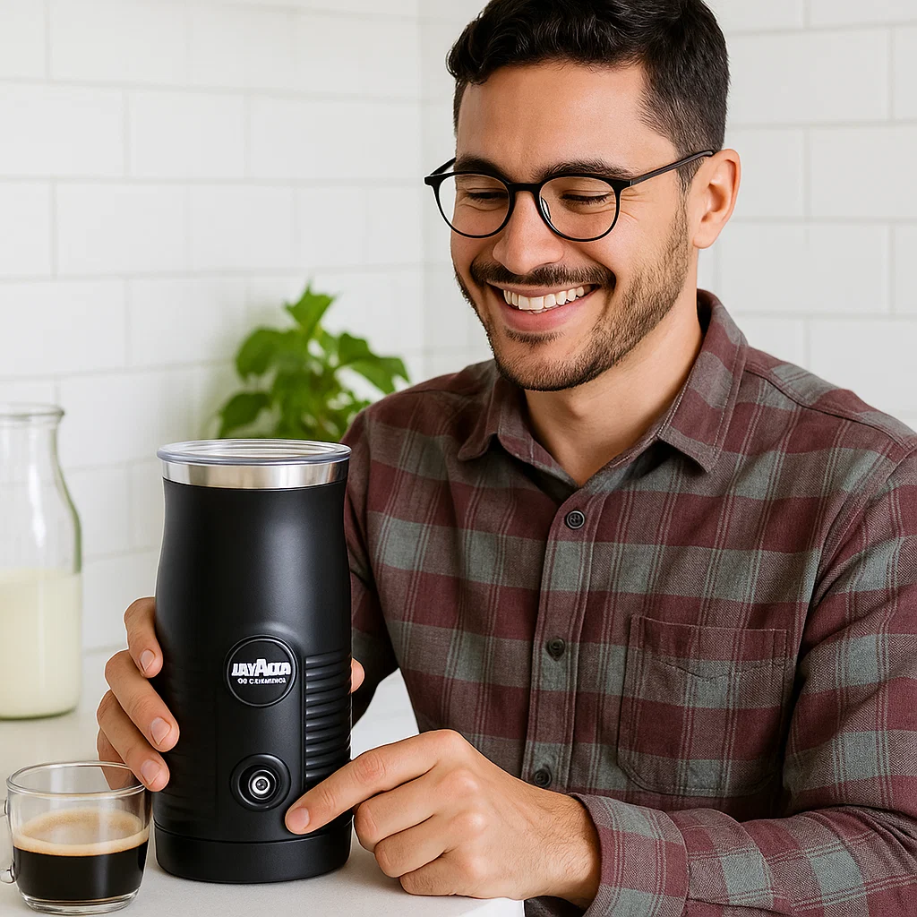 Man smiling while using the Lavazza MilkEasy – one of the most compact and user-friendly milk frothers for everyday coffee lovers.