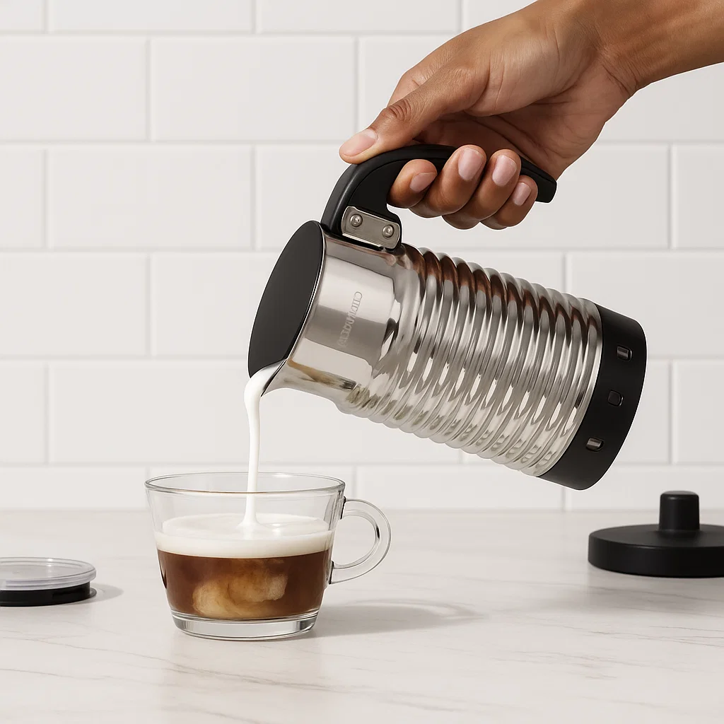 A close-up of milk being poured from the Nespresso Aeroccino 4 – one of the most popular milk frothers for simple, consistent foam at home.