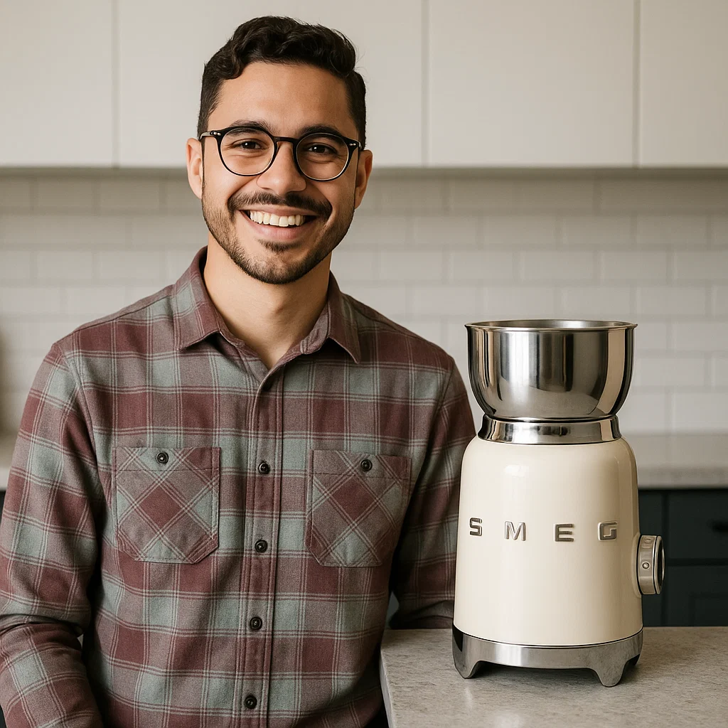 Man smiling next to a cream-colored SMEG appliance in a modern kitchen setting.