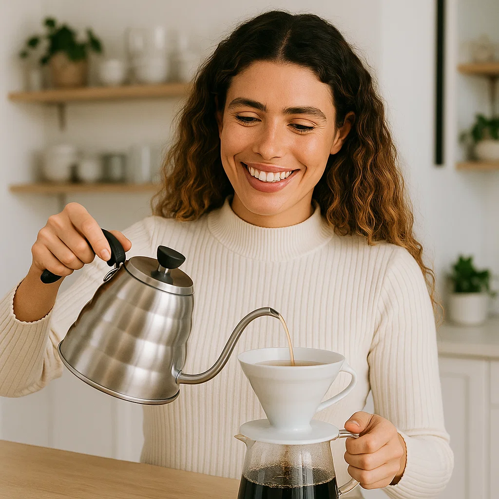 Woman making pour-over coffee using a stainless steel Hario V60 Buono gooseneck kettle and ceramic dripper, smiling in a cozy kitchen setting.