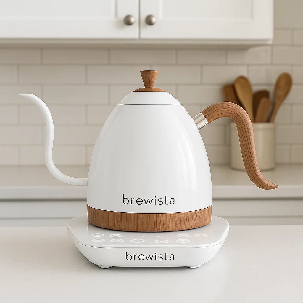 White Brewista Artisan electric gooseneck kettle with wood-style accents on a digital base, displayed on a modern kitchen counter.