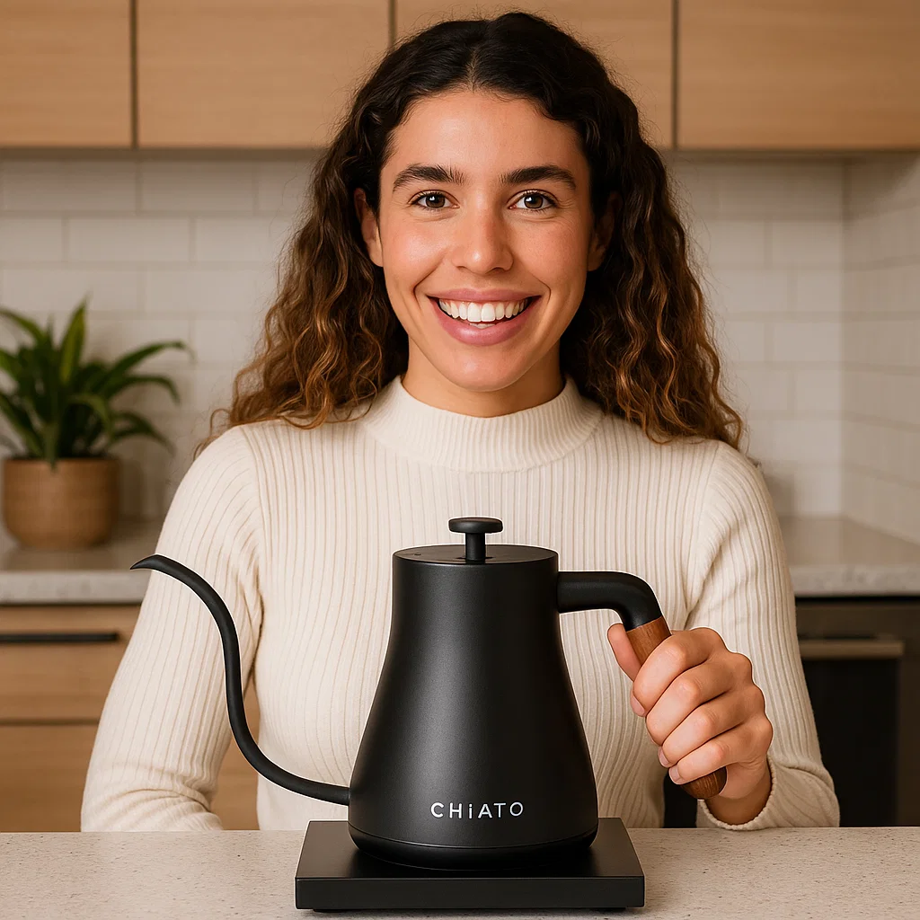 Smiling woman holding a black Chiato FlowPlay gooseneck electric kettle in a modern kitchen, ideal for pour-over coffee brewing.